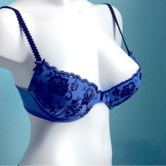 IZA Push-up‎ Padded Periwinkle & Black Floral Embroidered Mesh Overlay Bra NWT - Picture 3 of 13